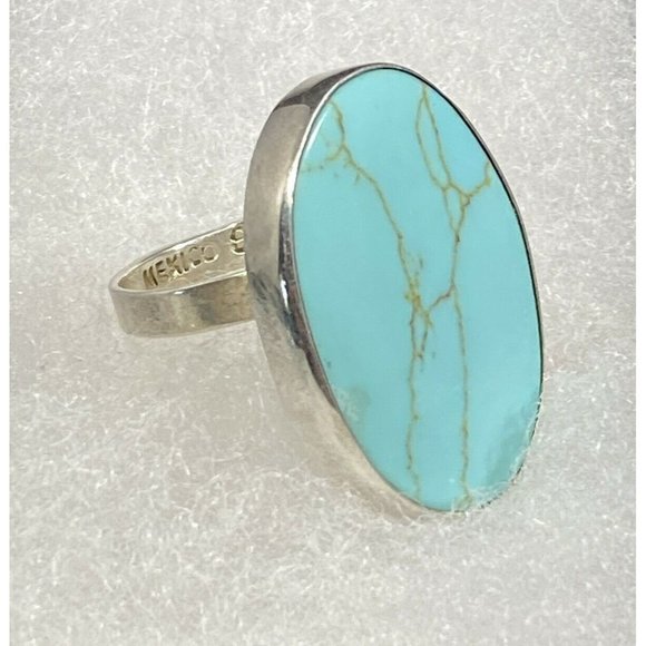 925 Ring Mexico Turquoise Oval Cab Ring Size 7 Adjustable Fine - Picture 7 of 7